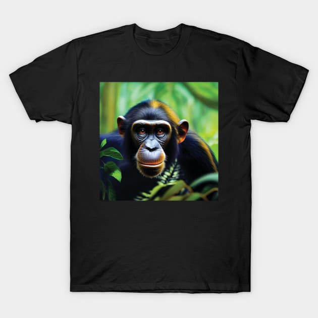 Chimpanzee in a Jungle with golden light catching its fur T-Shirt by Geminiartstudio